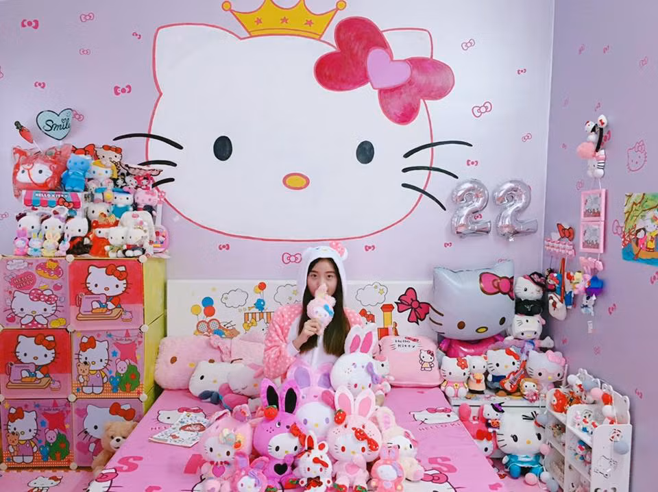 Nếu là 1 tín đồ của chú mèo dễ thương Kitty, chắc hẳn khi nhìn vào bộ sưu tập của Hương Linh ai cũng phải phát cuồng. Tất tần tật mọi thứ từ valy, quần áo, giày dép, túi xách hay thậm chí cả laptop và cả giấy vệ sinh đều in hình Kitty.