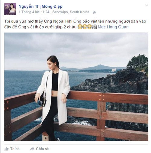 Trước đó, cô siêu mẫu gà cưng của ông bầu Khắc Tiệp cũng cho đăng tải dòng chia sẻ úp mở về tấm thiệp cưới của mình. Điều đặc biệt, cô nàng này đã công khai tên của người tình Mạc Hồng Quân.