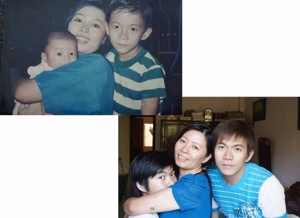 Ngày bé của hai anh em và giờ đã lớn và mẹ vẫn mặc chiếc áo màu xanh đó.