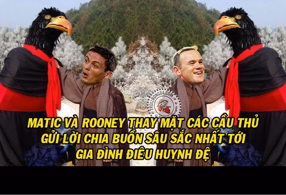 Trong trận đấu giữa Man United và Chelsea vừa diễn ra, Matic và Rooney thay nhau thực hiện những pha bắn chim. Dựa vào lý do này dân mạng Việt đã nhanh trí chế ảnh hai cầu thủ này gửi lời chia buồn sâu sắc nhất tới chú chim điêu.