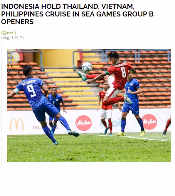 Trong khi đó, tờ Goal phiên bản Indonesia có bài: "Hạ gục Đông Timor, Việt Nam đứng đầu bảng B". "Đội U22 Việt Nam đã có màn ra mắt thành công ở SEA Games với chiến thắng 4-0 trước U22 Đông Timor. Kết quả này giúp U22 Việt Nam đứng đầu bảng B" - tờ báo này viết. Ảnh: Goal