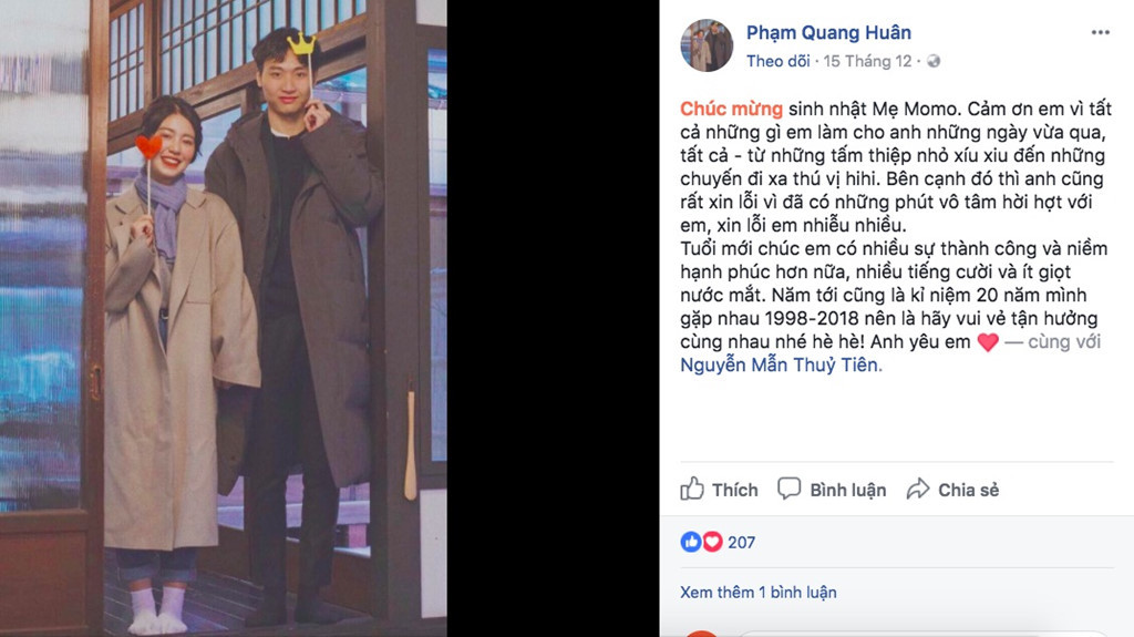 Giữa tháng 12/2017, anh chàng xóa tan nghi ngờ khi chủ động đăng tải dòng trạng thái dành cho Mẫn Tiên nhân ngày sinh nhật cô. Qua những lời chúc ngọt ngào và bức ảnh chụp chung tình cảm, anh khiến dân mạng chắc chắn về chuyện tình giữa hai người. Ảnh chụp màn hình.