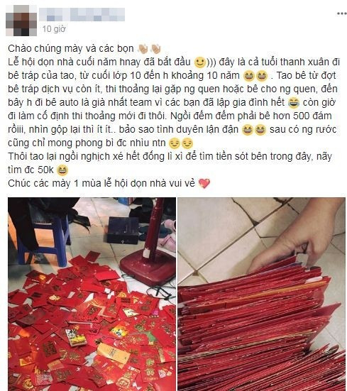 Câu chuyện trên được chia sẻ bởi cô nàng Dương Bảo Ngân, hiện đã 25 tuổi, sinh sống tại Hà Nội. Trong lúc dọn dẹp nhà cửa chuẩn bị ăn Tết, Ngân phát hiện ra cả trong tủ của mình rất nhiều phong bao lì xì nhờ đi bê tráp. Tổng cộng đã có hơn 500 đám hỏi được cô bạn được bê tráp.