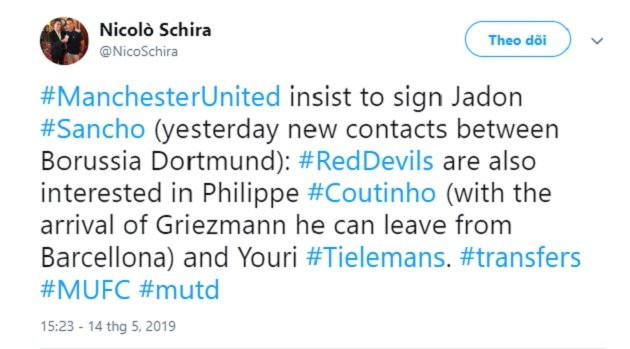 Chuyển nhượng cầu thủ của Gazzetta dello Sport phát đi rằng Manchester United đang rất nỗ lực ký hợp đồng với ngôi sao Jadon Sancho của Borussia Dortmund. Họ cũng đánh tiếng sang Tây Ban Nha để chiêu mộ Philippe Coutinho.