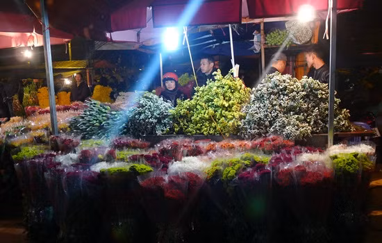 Thời điểm này tại chợ hoa Quảng Bá, hoa đào được nhiều người tìm mua nhất. Những cành đào hồng, đỏ tràn ra cả khu vực ngoài chợ để mọi người lựa chọn.