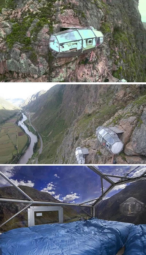 Khách sạn Nature Vive Skylodge tại Cusco, Peru là một ngôi nhà lơ lửng trên vách núi bao gồm 3 căn phòng trong suốt hình con nhộng, nằm nép mình vào vách núi cao tới 1.312 mét thuộc thung lũng Sacred xinh đẹp, từng một thời là nơi ở của người Inca. Khách sạn được làm hoàn toàn bằng kính trong suốt và thép siêu chịu lực, giúp du khách có thể tận hưởng toàn cảnh thung lũng cũng nhưng tận hưởng không khí thiên nhiên trong lành. Mỗi phòng của khách sạn bao gồm 4 giường ngủ cỡ lớn, một khu vực nấu ăn, một phòng tắm và có thể chưa tối đa 8 người.