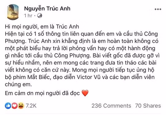 Tuy nhiên, mới đây, trên trang cá nhân của mình, Trúc Anh đã lên tiếng khẳng định không có một phát biểu hay trả lời phỏng vấn hoặc một hành động gì nhắc tới cầu thủ Công Phượng.