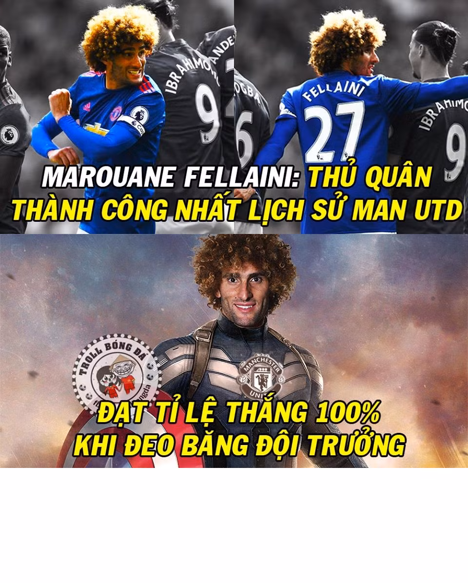 Những bức ảnh chế bóng đá của dân mạng trong tuần vừa qua đã trở lại với những sự hài hước cực lớn. Đầu tiên đó là việc cầu thủ đầu xù Fellaini bất ngờ được trao chiếc băng đội trưởng trong trận đấu của MU với Sunderland và cứ mỗi khi tuyển thủ người Bỉ này đeo băng thủ quân thì đội chủ nhà sẽ có tỷ lệ thắng 100%. Ảnh trong bài: Facebook Troll Bóng Đá.
