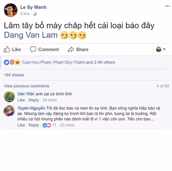 Không chỉ vậy, mới đây dân mạng còn bàng hoàng hơn khi trên chính trang cá nhân của cựu cầu thủ và là thành viên BHL của CLB Hải Phòng đăng tải dòng status với lời lẽ thách thức dư luận. Trong dòng status đó, Sỹ Mạnh tag trực tiếp tài khoản Facebook của Đặng Văn Lâm, xưng danh là "bố mày" và thách thức cả báo chí. Status này sau đó được xác định là do chính tay Sỹ Mạnh viết và đăng tải, không phải là do tài khoản của cựu cầu thủ người Thanh Hóa bị hack như nhiều đồn đoán. Ảnh: Facebook
