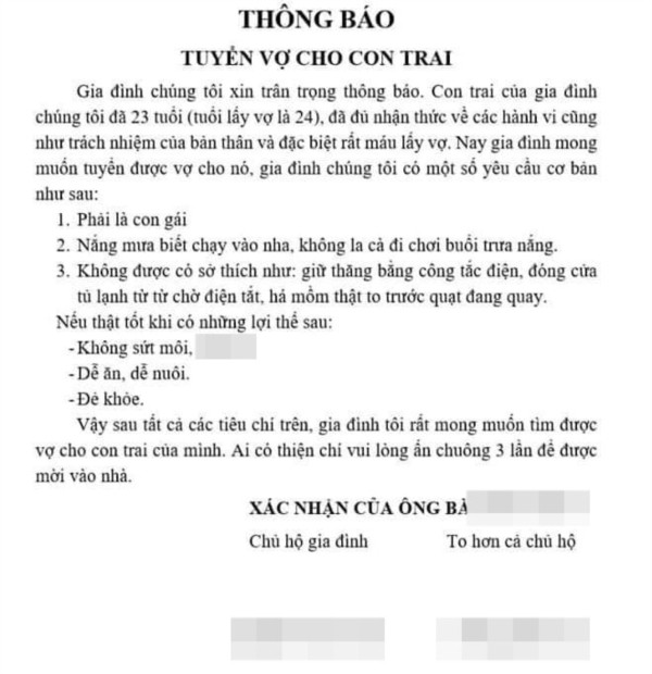 Con trai moi 23 tuoi, gia dinh da dan 