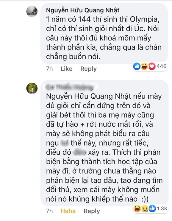 Quang Nhật cho rằng nếu như người thắng cuộc của các chương trình giải trí sẽ nhận được một phần thưởng giá trị và "chơi vui là chính" thì trong Đường lên đỉnh Olympia, các thí sinh phải thi đấu với nhau rất quyết liệt và chỉ có một người duy nhất giành được suất học bổng giá trị tại nước ngoài. Tuy nhiên, dưới bình luận của Quang Nhật, một cư dân mạng khác có nickname C.T.H đã bất ngờ để lại phản hồi khó chịu và cho rằng, việc được đứng trên sân khấu của một chương trình giải trí là một vinh dự hơn so với chương trình kiến thức.