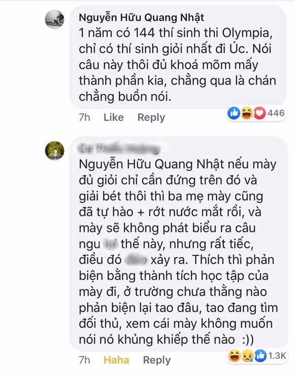 Quang Nhật cho rằng nếu như người thắng cuộc của các chương trình giải trí sẽ nhận được một phần thưởng giá trị và "chơi vui là chính" thì trong Đường lên đỉnh Olympia, các thí sinh phải thi đấu với nhau rất quyết liệt và chỉ có một người duy nhất giành được suất học bổng giá trị tại nước ngoài. Tuy nhiên, dưới bình luận của Quang Nhật, một cư dân mạng khác có nickname C.T.H đã bất ngờ để lại phản hồi khó chịu và cho rằng, việc được đứng trên sân khấu của một chương trình giải trí là một vinh dự hơn so với chương trình kiến thức.