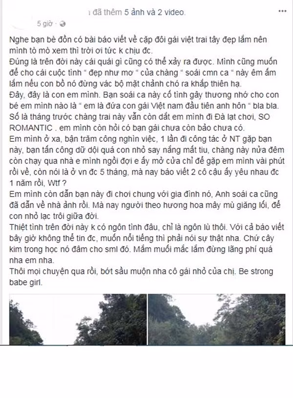 Ngay sau khi vừa ngớt lời khen ngợi cặp đôi chụp ảnh cưới ở TTTM tại Nha Trang, cộng đồng lại ngã ngửa khi mới đây trong 1 bài chia sẻ của nickname có tên H.Q đã tố chàng rể đẹp có tên Yura (người Nga) là kẻ bắt cá hai tay, khi vừa yêu cô gái chụp ảnh (Phương Uyên) vừa "thả thính" em gái cô có tên H.H. Để đưa lý lẽ của mình thêm sức nặng, H.Q còn đăng tải những bức ảnh của chàng trai ngoại quốc rủ em gái mình đi Đà Lạt hẹn hò lãng mạn.