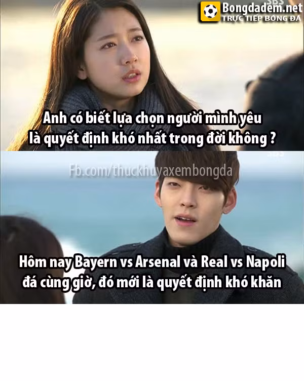 Việc lựa chọn xem những cặp đấu tại vòng knock-out cúp C1 châu Âu được nhiều dân mạng ví như chọn đúng người mình yêu. Ảnh trong bài: Trollbongda/Thức khuya xem bóng đá.