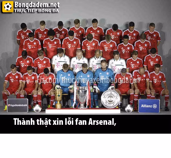 Bức ảnh chế bóng đá toàn thể CLB Bayern Munich cúi đầu xin lỗi các CĐV của Arsenal sau khi đã cho đội bóng thành London "ăn hành" trong trận đấu vừa qua đã được rất nhiều cư dân mạng đăng tải trên trang cá nhân.