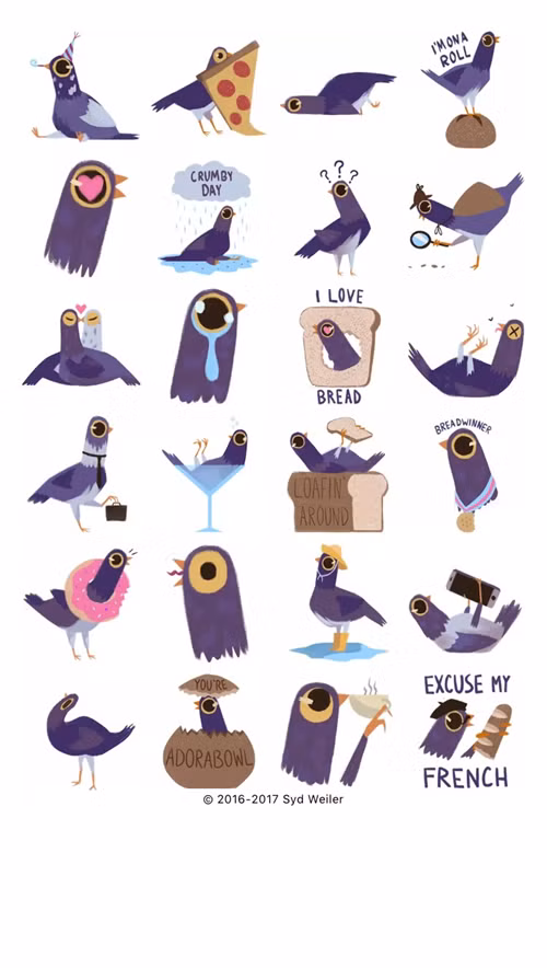 Ở trong bộ sticker của nữ họa sĩ Syd Weiler có tổng cộng 37 hình khác nhau, tuy nhiên icon chú chim màu tím đang quẩy cuồng nhiệt vẫn là hình ảnh được chú ý hơn cả.