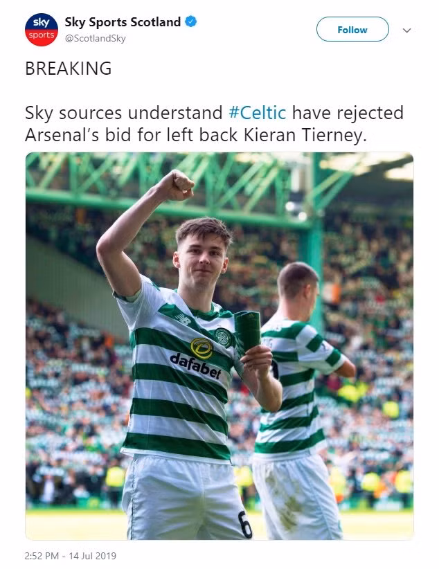 Chuyển nhượng bóng đá từ London, Arsenal vẫn chưa thể đưa về tân binh thứ hai ở kỳ chuyển nhượng mùa hè, và nguyên nhân chủ yếu là do kì kèo thêm bớt nên làm đội bóng phía bắc London mất đi cơ hội có được Kieran Tierney.