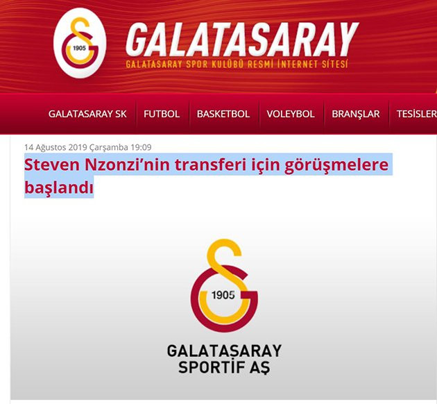 Trang chủ CLB Galatasaray xác nhận việc đang tiến hành đàm phán với AS Roma về thương vụ cầu thủ người Pháp là Steven N'Zonzi.