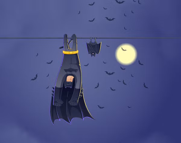 Người dơi dĩ nhiên có tư thế ngủ như những chú dơi. Có điều cánh của loài dơi thì khép lại còn nhân vật siêu anh hùng này lại duỗi ra do quá mệt mỏi.