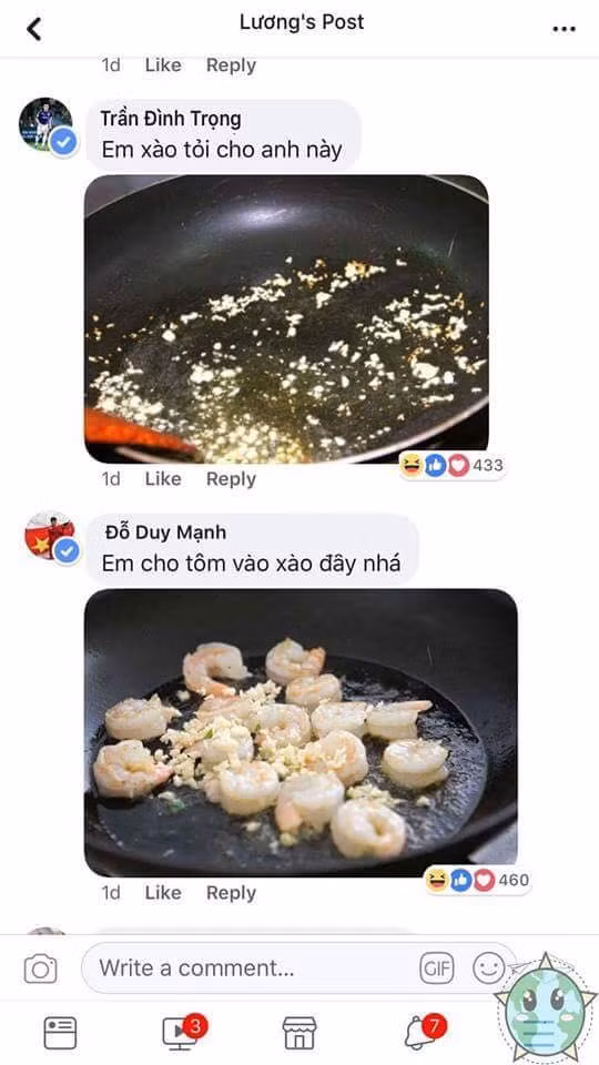 Nhưng để có món tôm ngon đáp ứng đúng nhu cầu Xuân Trường, Đình Trọng cẩn thận xào tỏi, Duy Mạnh cho tôm vào xào, Đức Chinh luộc súp lơ, Quang Hải xào súp lơ với tôm và công đoạn cuối cùng đến lượt Văn Hậu xúc món ăn ra đĩa. Đây là phiên bản hoàn chỉnh nhất để Xuân Trường có món tôm xào hoa lơ "thần thánh".