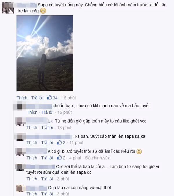 Bên cạnh đó, những cư dân mạng cũng tìm ra được một số hình ảnh check in của các thành viên khác đang có mặt tại Sapa thì được biết rằng vùng đất này hoàn toàn chưa có tuyết rơi. Dù thời tiết có lạnh giá nhưng vẫn có nắng ấm. Nhiệt độ tại Sapa lúc này giao động từ 15 - 20 độ C thì khó có thể có tuyết.