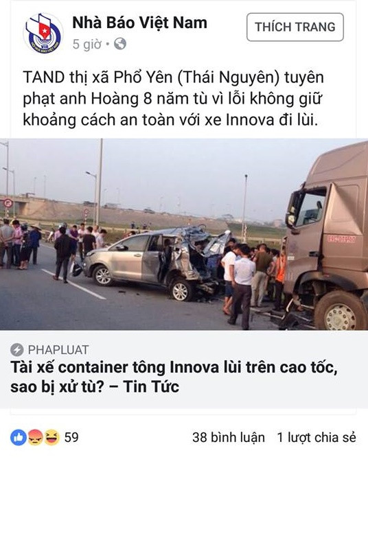 Còn nickname Minh Tú cho rằng: "Tôi theo dõi toàn bộ các bài báo. Theo tôi nhận định kết tội tù cho anh container là sai hoàn toàn, anh innova lùi xe trên đường cao tốc gây tai nạn nghiêm trọng mà chứ đâu phải là anh container không giữ khoảng cách an toàn nếu anh innova chạy thẳng thì đâu có tai nạn xảy ra còn việc này anh ta lùi xe đâm vào đầu container mà anh innova sai hoàn toàn 100% còn anh container không sai chút nào".