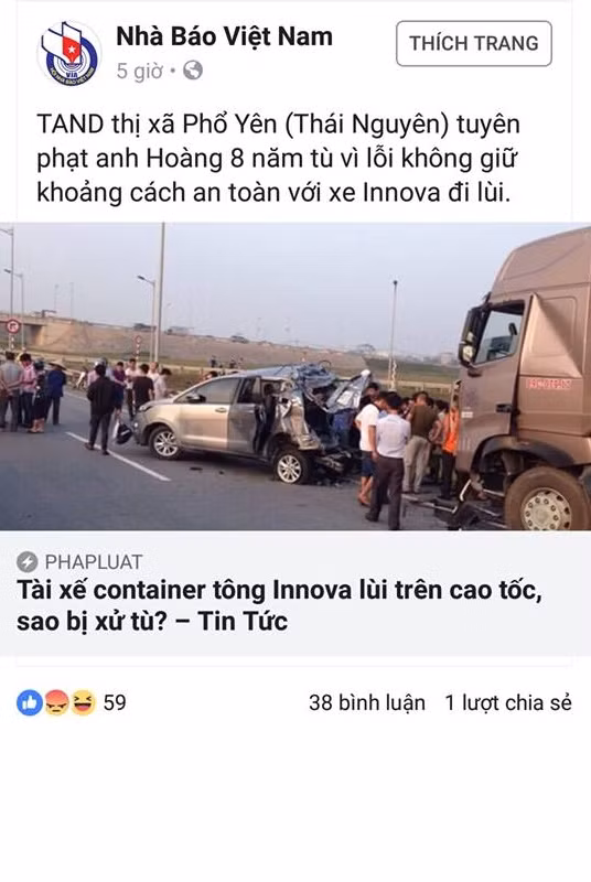 Còn nickname Minh Tú cho rằng: "Tôi theo dõi toàn bộ các bài báo. Theo tôi nhận định kết tội tù cho anh container là sai hoàn toàn, anh innova lùi xe trên đường cao tốc gây tai nạn nghiêm trọng mà chứ đâu phải là anh container không giữ khoảng cách an toàn nếu anh innova chạy thẳng thì đâu có tai nạn xảy ra còn việc này anh ta lùi xe đâm vào đầu container mà anh innova sai hoàn toàn 100% còn anh container không sai chút nào".