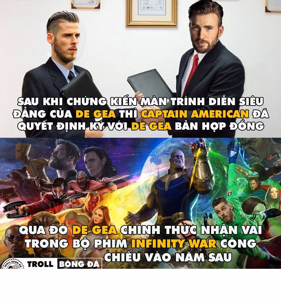 Sau khi chứng kiến màn thể hiện của De Gea, "đội trưởng Mỹ" Captain American đã phải kết nạp thủ thành người Tây Ban Nha ngay lập tức vào biệt đội siêu anh hùng.