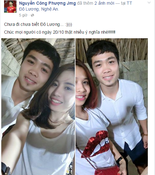 Tiền đạo Công Phượng thì lại đăng tải bức ảnh chụp cùng hai cô gái khá xinh đẹp, kèm theo lời chúc: "Chưa đi chưa biết Đô Lương. Chúc mọi người có ngày 20/10 thật nhiều ý nghĩa nhé!".