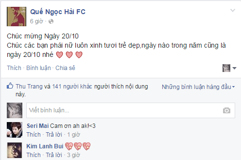 Lời chúc mừng ngày 20/10 của ngôi sao của CLB SLNA Quế Ngọc Hải.