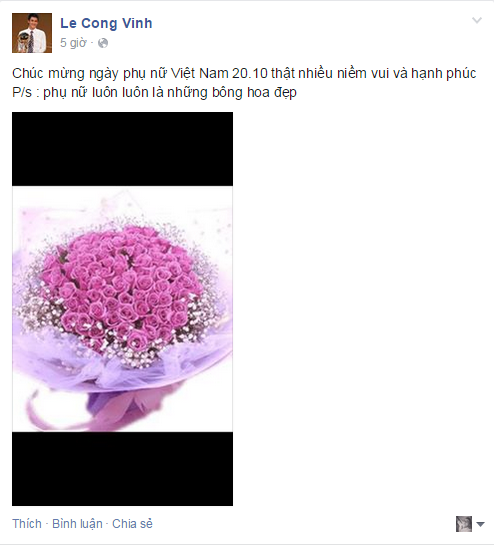 Cầu thủ Lê Công Vinh cũng đăng bức ảnh một bó hoa hồng và kèm theo lời chúc đến những người phụ nữ Việt Nam: "Chúc mừng ngày Phụ nữ Việt Nam 20/10, thật nhiều niềm vui và hạnh phúc". Tiền đạo Bình Dương còn chú thích thêm rằng: "Phụ nữ luôn là những bông hoa đẹp".