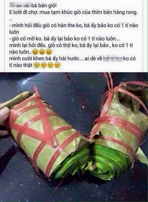 Trước khi hình ảnh về chiếc nem chua toàn lá xuất hiện thì dân mạng đã than thở chuyện mua giò lụa của thím bán hàng rong. Trước khi mua người này đã cẩn thận hỏi han giò có hàn the không? Bà bán nhanh chóng trả lời giò không mỡ, cũng chẳng có hàn the. Tuy nhiên khi về nhà cắt giò ra, thì đúng là chẳng có tí nào hàn the thật, đến giò cũng không thấy thì lấy đâu ra mỡ.