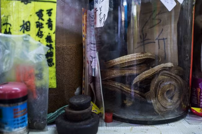 Cửa hàng She Wong Hip chuyên bán thịt rắn khô và rắn ngâm rượu. Chúng được sử dụng làm thuốc để trị nhiều loại bệnh.