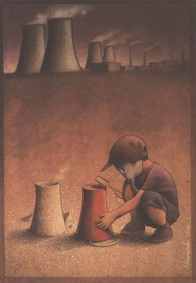 Chúng ta bắt chước theo những gì chúng ta thấy. Trong bức tranh biếm họa này, cậu bé nhìn những ống khói ô nhiễm và tự "mô phỏng lại" những cái ống khói đó, dù chúng cực kì có hại. Vậy nên chúng ta chỉ nên bắt chước những điều hay lẽ phải còn không nên là bản sao của những người đã đi trước.