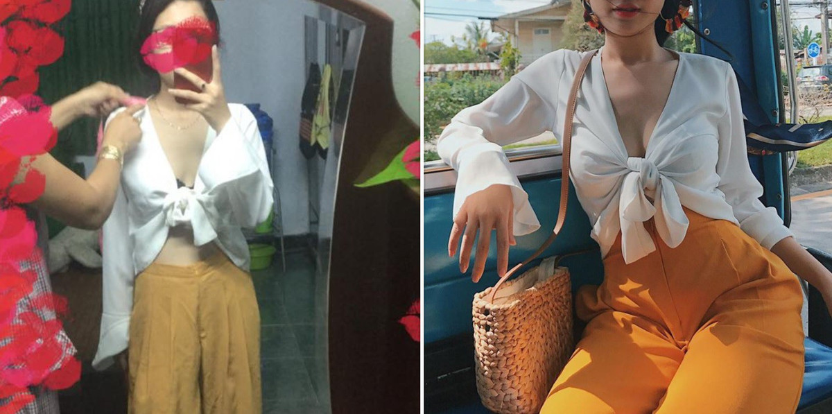 Cũng chính bởi chiếc chân váy dài hơn mức cho phép nên Xoan đã nghĩ ra cách mặc chiếc váy này theo 3 kiểu khác nhau: mặc dài, mặc lửng, kéo cao tới nách làm váy cúp ngực để chữa lỗi cho món hàng mà mình mua trên mạng xã hội nhân ngày Quốc tế phụ nữ.