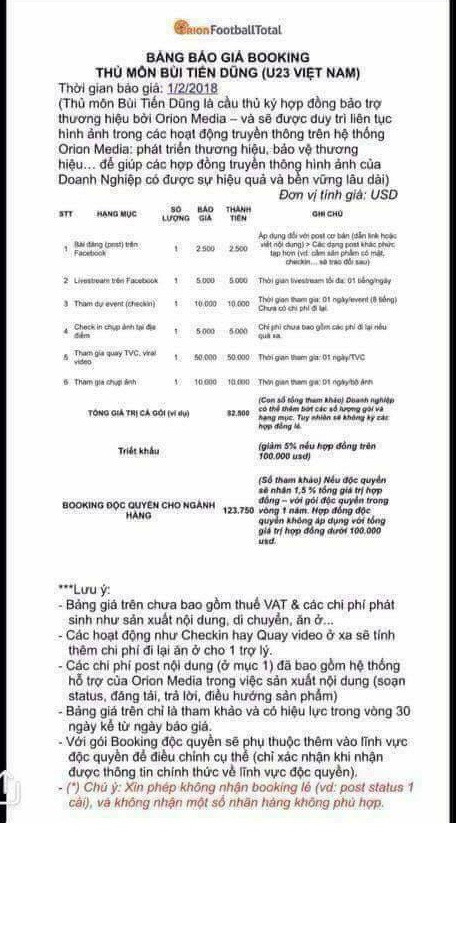 Bản báo giá của Orion Football Total đưa ra cho thủ môn Bùi Tiến Dũng.