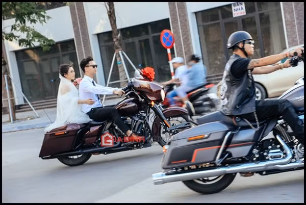 Theo miêu tả của nhiều dân mạng, trong đoàn rước dâu, chú rể đi đầu, cưỡi chiếc Harley Davidson Street Glide hầm hố trị giá hơn tỷ đồng. Phía sau là đoàn rước dâu gồm bạn bè chú rể với khoảng 20 chiếc mô tô phân khối lớn trong đó có những cái tên siêu khủng như: Harley Davidson Fat boy, Harley Davidson Ultra, Harley Davidson Street Glide, Harley Davidson Breakout