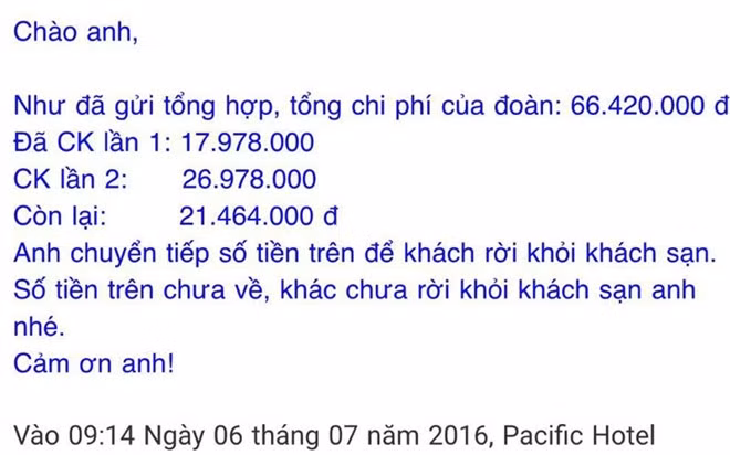 Đại diện khách sạn Thái Bình Dương trả lời qua Email cho phía Công ty du lịch Thái Bình Xanh cho biết khi chưa thanh toán số tiền còn lại thì du khách chưa được lên xe trở về. Ảnh: P.H chụp lại.