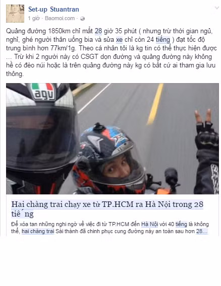 Không phân tích kĩ càng như Stuantran, nickname Lee Meng cho rằng hai nam thanh niên Lâm Vũ và bạn đồng hành đang làm mất dần đi tính chất của phượt, họ thực chất đang đi đua và đánh đổi sự ngông cuồng với tính mạng của chính mình và những người tham gia giao thông xung quanh. Ảnh: cắt màn hình Facebook.