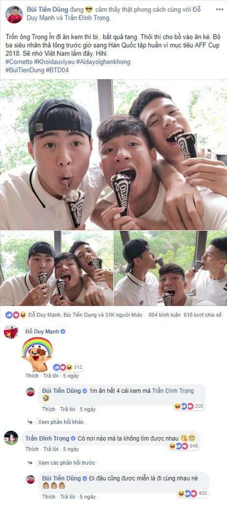 Tuy nhiên ngay dưới status đó, Dũng liên tục "tung hỏa mù" bằng những lời ngọt ngào thân thiết với trung vệ Trần Đình Trọng.