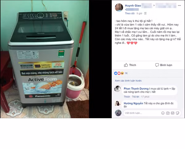 Cô nàng xinh xắn có nickname Quynh Giao chụp ảnh quà tặng bố mẹ. Chắc hẳn Tết này, gia đình cô bạn sẽ bớt bận bịu hơn nhờ chiếc máy giặt mới.