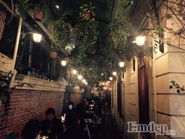Không gian của quán có nét riêng biệt trên cùng cung đường khi mang dáng dấp kiến trúc châu Âu cổ với những ban công, hàng dây leo, lò sưởi, bóng đèn sáng lấp lánh.