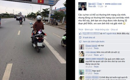 Cách đây không lâu, hình ảnh một bà mẹ đi xe máy vòng tay ra sau giữ con đang nằm ngủ trên yên xe khiến người xem toát mồ hôi. Bức ảnh được chụp trên đoạn đường 32, đoạn phố Nhổn, Từ Liêm, Hà Nội