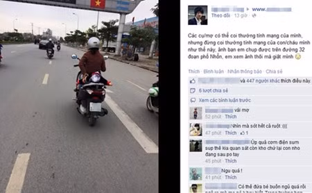 Cách đây không lâu, hình ảnh một bà mẹ đi xe máy vòng tay ra sau giữ con đang nằm ngủ trên yên xe khiến người xem toát mồ hôi. Bức ảnh được chụp trên đoạn đường 32, đoạn phố Nhổn, Từ Liêm, Hà Nội