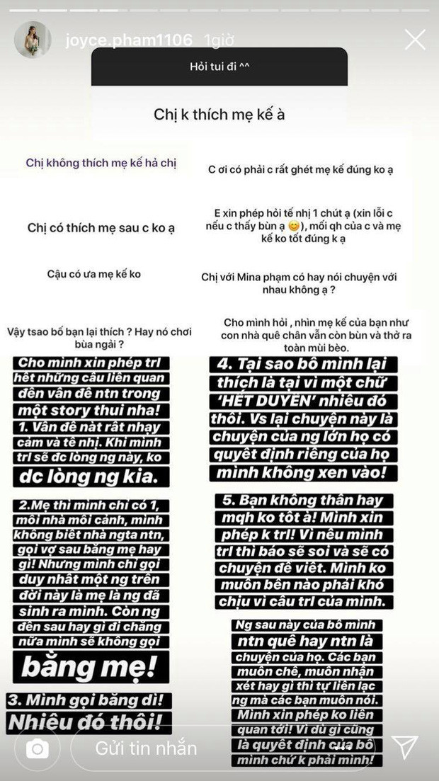 Bên cạnh những khoảnh khắc ngọt ngào trong tuần trang mật với chồng mới cưới, con gái đại gia Minh Nhựa mới đây bất ngờ trả lời cực gắt về mối quan hệ của mình với mẹ kế Mina Phạm.