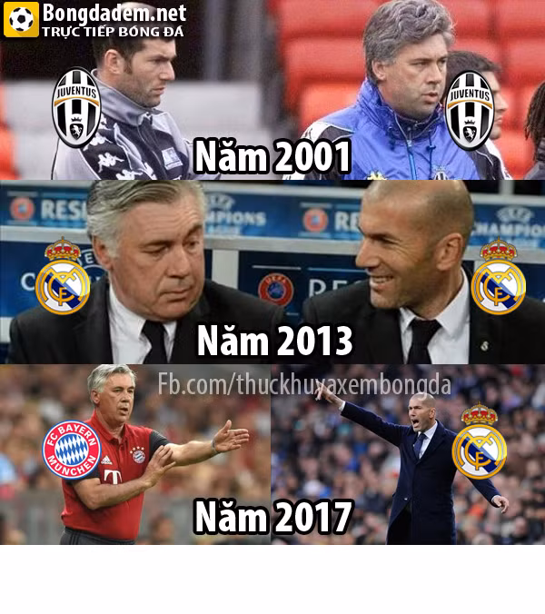 Bức ảnh chế bóng đá tiến trình của cặp đôi Ancelotti và Zidane từ ngày còn là thầy trò, trợ lý rồi đến đối đầu giữa hai chuyến tuyến khiến nhiều người cảm nhận được mối lương duyên của hai con người này.