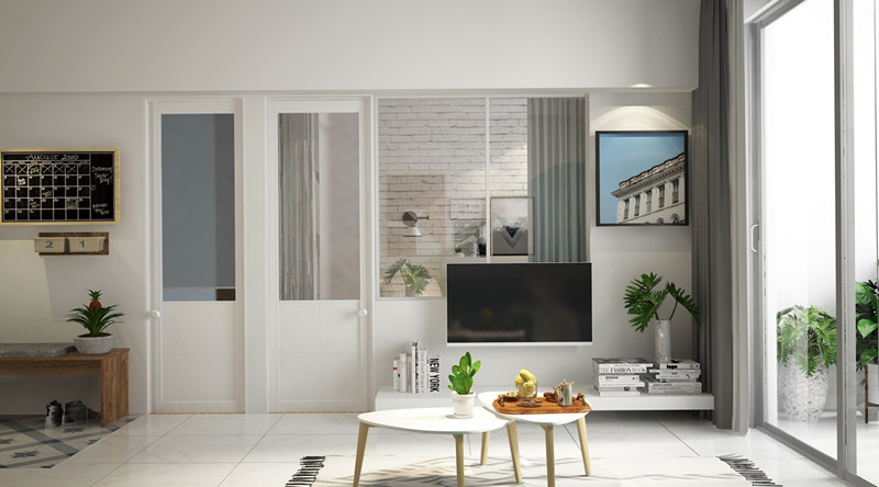 Tivi treo tường, bàn tam giác lồng vào nhau giúp tiết kiệm diện tích.