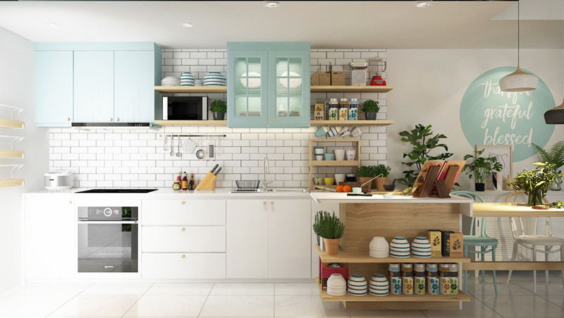 Bếp mang phong cách scandinavian càng hoàn hảo hơn khi có sự góp mặt của tủ tường màu xanh ngọc lam.