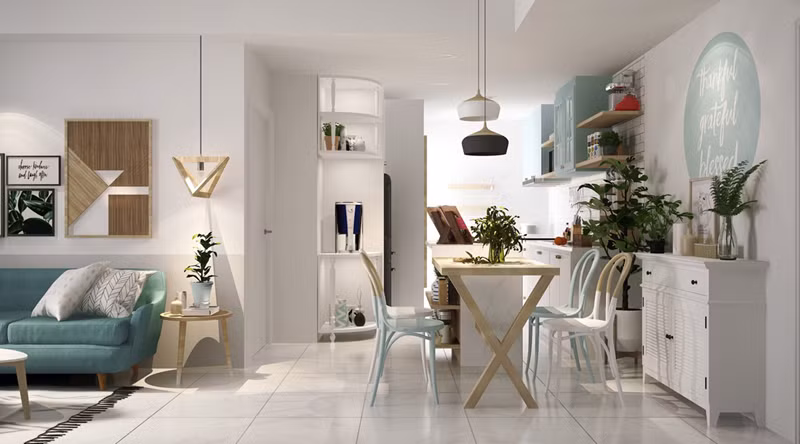 Ghế ăn điểm nhẹ màu xanh ngọc xen lẫn với màu trắng.