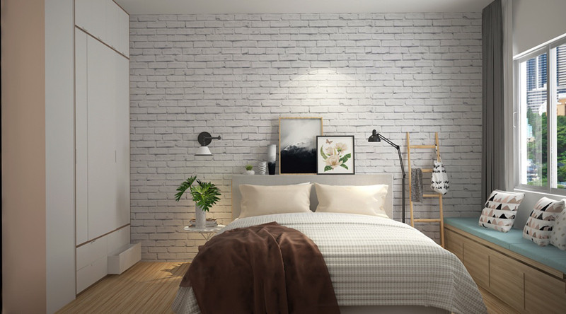 Đệm sofa màu xanh làm điểm nhấn trong phòng ngủ.